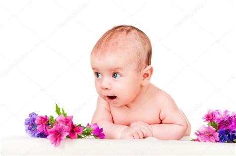 These pretty wildflowers kind of look like a doodle of a flower, with their perfect five petals and funky stamens. Beautiful baby with flowers — Stock Photo © Chirtsova ...