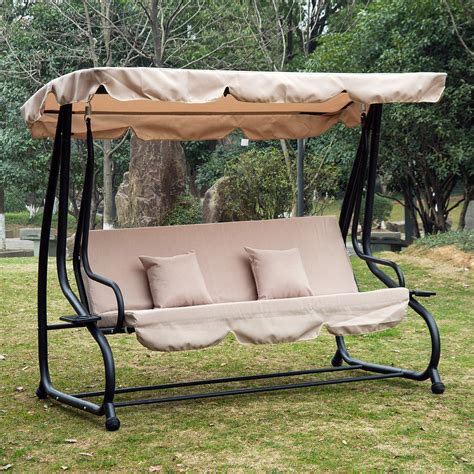 Tomshoo 3 Seat Outdoor Free Standing Covered Swing Bench Beige