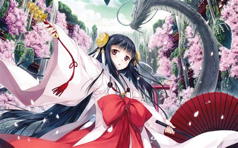 Anime Miko Dragon Cherry Blossom Anime Girls Original