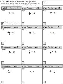 Two step math equations are algebraic problems that require you to make two moves to find the value of the unknown variable. One Step Equations (multiplication and division) Scavenger ...
