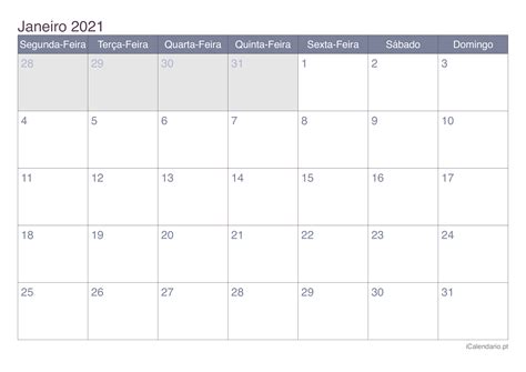 Esta é a agenda para você? Calendário janeiro 2021 para imprimir - iCalendário.pt