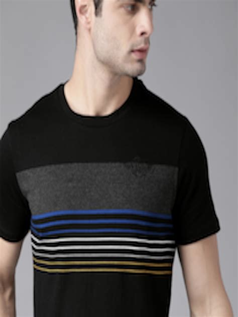 Buy Roadster Men Black And Charcoal Grey Striped Pure Cotton Round Neck T