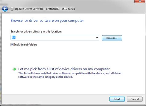 Download and save driver software then put in specific folder. windows 7 - not able to install driver for DCP - 1510 - Super User