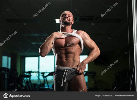 Handsome Young Man Standing Strong Gym Flexing Muscles Muscular