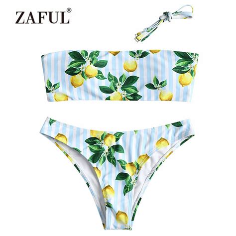 Zaful Bandeau Lemon Bikini Swimwear Women Swimsuit Sexy Halter Strapless Lemon Striped Padded