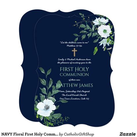 Navy Floral First Holy Communion With Verse Invitation