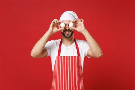 Funny Young Bearded Male Chef Cook Or Baker Man In Striped Apron White T Shirt Toque Chefs Hat