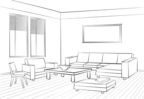 Freehand Drawing Interior Perspective Of Modern Living Room Stock