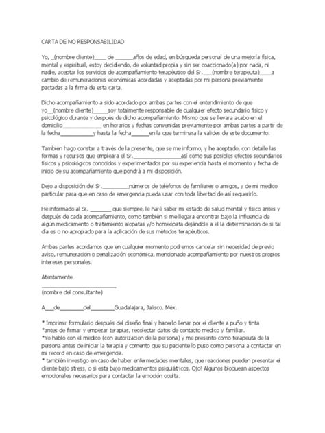 Carta De No Responsabilidad Salud Mental Sicología Y Ciencia Cognitiva