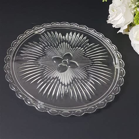 Flower Clear Glass Cake Plate Indiana Glass 3355 Flower Sunburst Pressed Glass Cake Stand