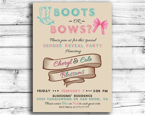 Boots Or Bows Printable Gender Reveal Invitation The Baby Bee