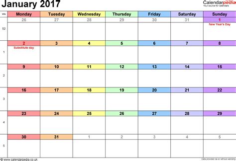 Calendar January 2017 UK, Bank Holidays, Excel/PDF/Word Templates