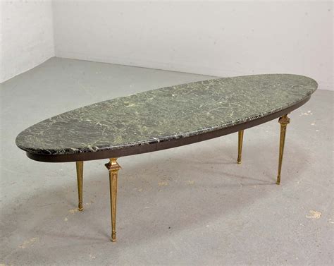 Green Marble Oval Coffee Table With Decorative Brass Feet France 1950s