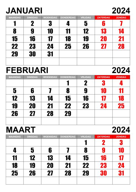 Kalender Januari Februari Maart 2024