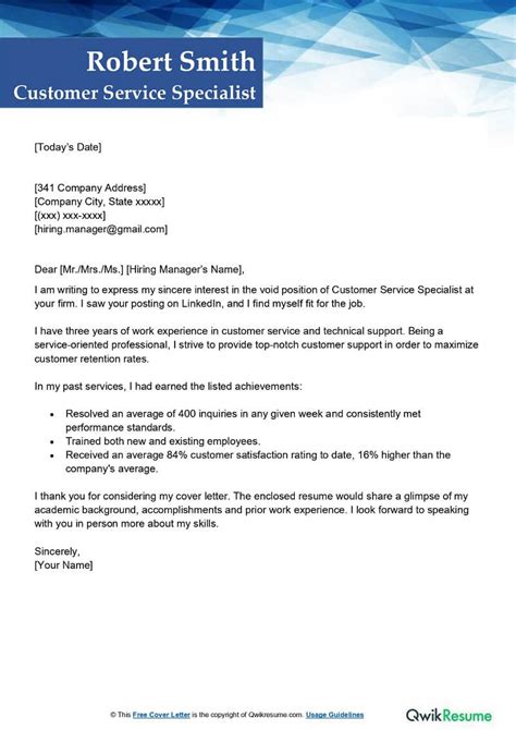 Customer Service Specialist Cover Letter Examples Qwikresume