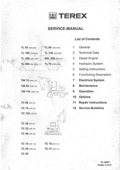 Terex Wheel Excavator Tw70 Tw85 Tw110 Workshop Service Manual