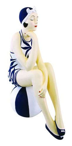 Bathing Beauty Figurine In Navy And White Bamboo Bathing Suit On Beach Ball Ebay Bathing