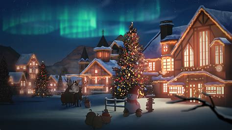 Aurora Borealis House Snowman With Christmas Tree Hd