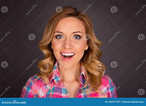 Close Up Portrait Of Beautiful Young Woman Pleasantly Surprised Stock