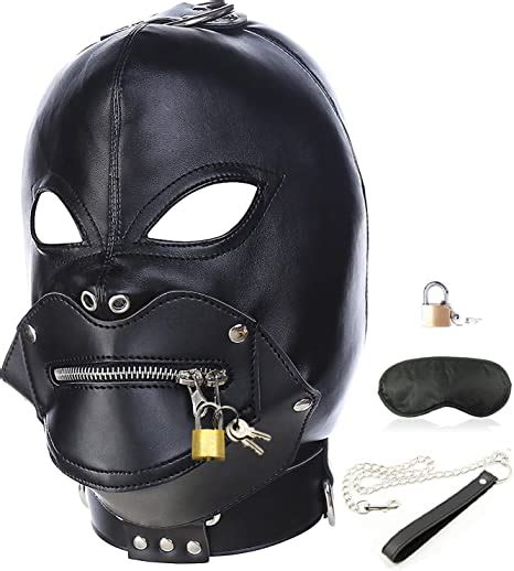 Leather Bondage Gimp Mask Hood Black Full Face Blindfold