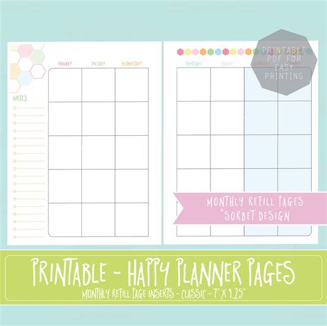 Happy Planner Printable Monthly Planner Refills Inserts X