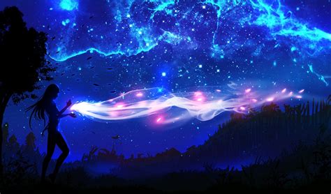 배경 화면 나무 경치 디지털 아트 밤 애니메이션 소녀들 자연 공간 하늘 지구 성운 분위기 우주 빛
