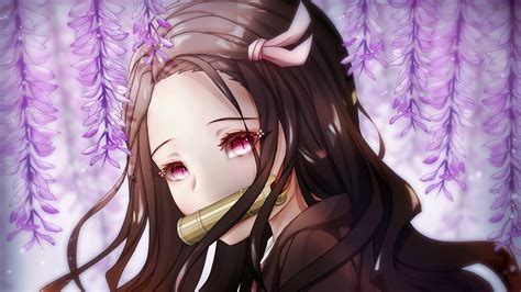 Demon Slayer Long Hair Nezuko Kamado With Backgorund Of Purple Flowers