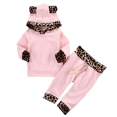 2pcs Fashion Sweet Newborn Baby Girls Pink Leopard Hoodie T Shirt Top