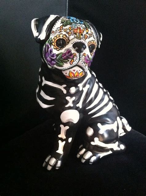 Day Of The Dead Painted Sugar Skull Dog Statue Pug Figurine Dia De Los