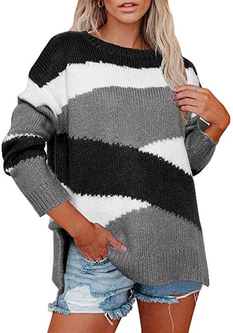 Ybenlow Womens Colorblock Oversized Crewneck Sweaters Striped Long