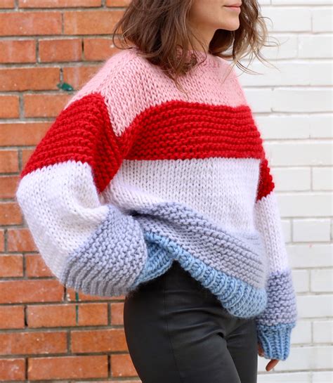 Striped Oversized Chunky Sweater 100 Merino Wool Handmade In Nyc