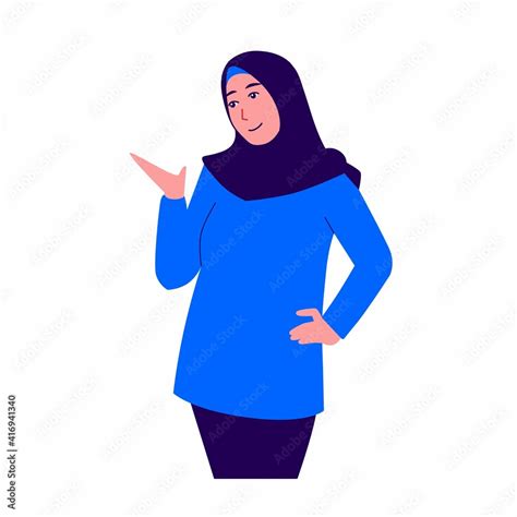 Muslim Women Wearing Trendy Clothes And Hijab Presentation Pose Flat Cartoon Vector
