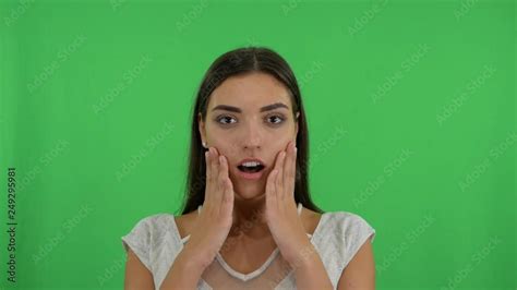 Wow Close Up Portrait Young Woman Beautiful Girl With Long Hair Looking Excited Holding Her