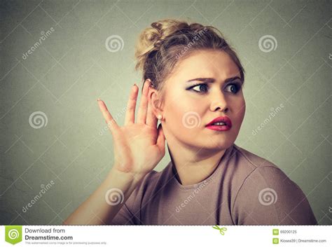 Nosy Woman Hand To Ear Gesture Carefully Secretly Listen In On Gossip