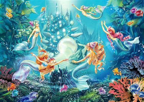 Dancing Mermaids Corals Underwater Fish Painting Castle Artwork