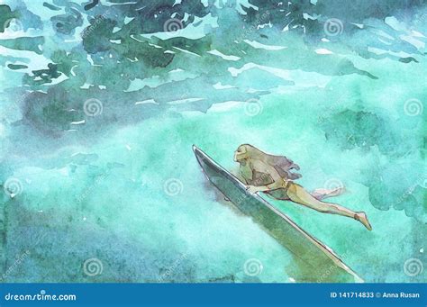 surfing girl underwater watercolor stock illustration illustration of sport water 141714833
