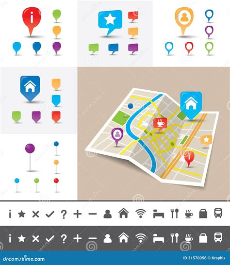 Folded City Map With Gps Pin Icons And Markers Stock Vector