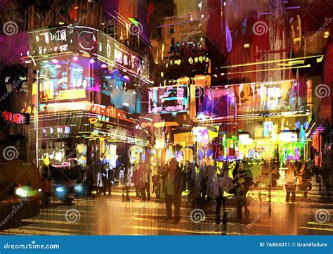 Colorful Painting Of Night Streetcityscape Stock Image Image Of
