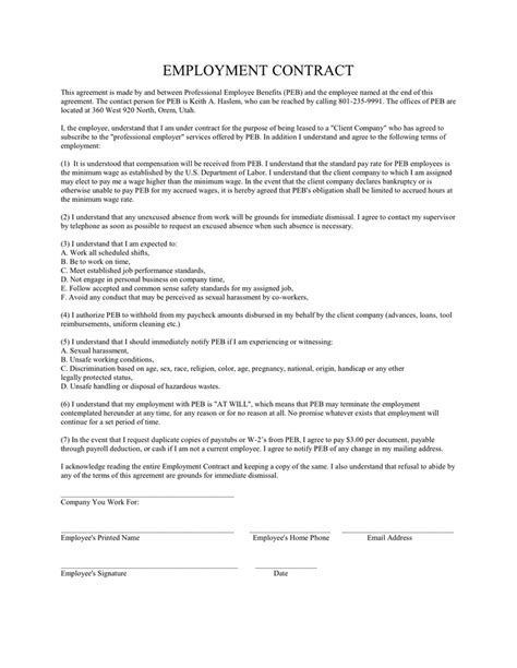 Employment Contract Template Download Free Documents For Pdf Word