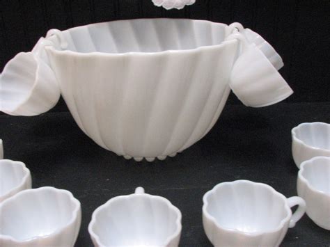 Vintage Milk Glass Punch Bowl Set Hazel Atlas Capri Swirl