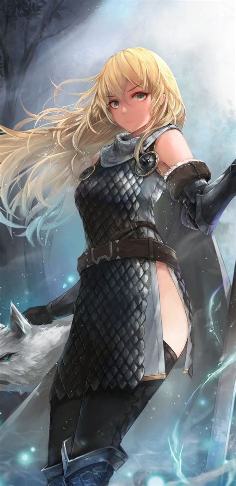 Download 1440x2960 Fantasy Anime Girl White Wolf Blonde Sword Cape Long Hair Wallpapers For