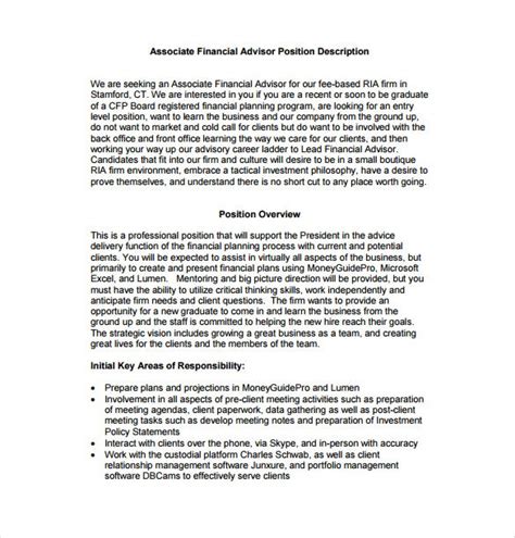 Financial advisors are responsible for helping users with their financial planning and investments. 7+ Financial Advisor Job Description Templates - Free ...