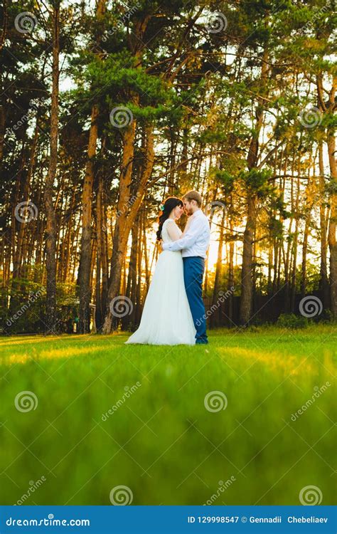 Couple Of Newlyweds Standing On A Green Grass Stock Image Image Of