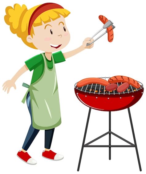 Free Vector Girl Cooking Grill Sausage Cartoon Style Isolated On