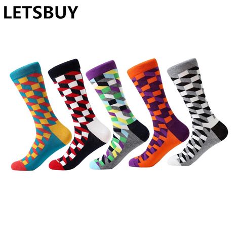 Letsbuy 5 Pairlot Mens Socks Cotton Colorful Funny Crew Socks Long Vibrant Socks For Man