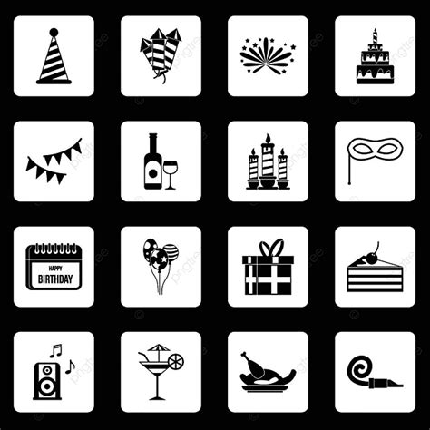 Happy Birthday Icons Set In White Squares On Black Background Simple