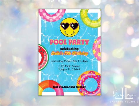 Smiley Face Preppy Pool Party Invitation Pool Party Printable Etsy