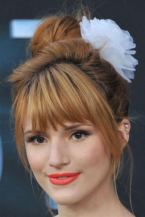Bella Thorne Straight Ginger Barrette Bun Curved Bangs Updo Hairstyle Steal Her Style