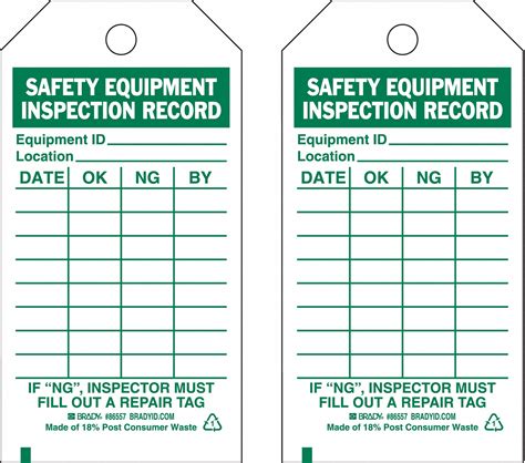 Brady Safety Inspection Tag Safety Equipment Inspection Record 5 34