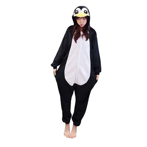 Unisex Adults Animal Pajamas Anime Onesie Black Penguin Flannel Cartoon